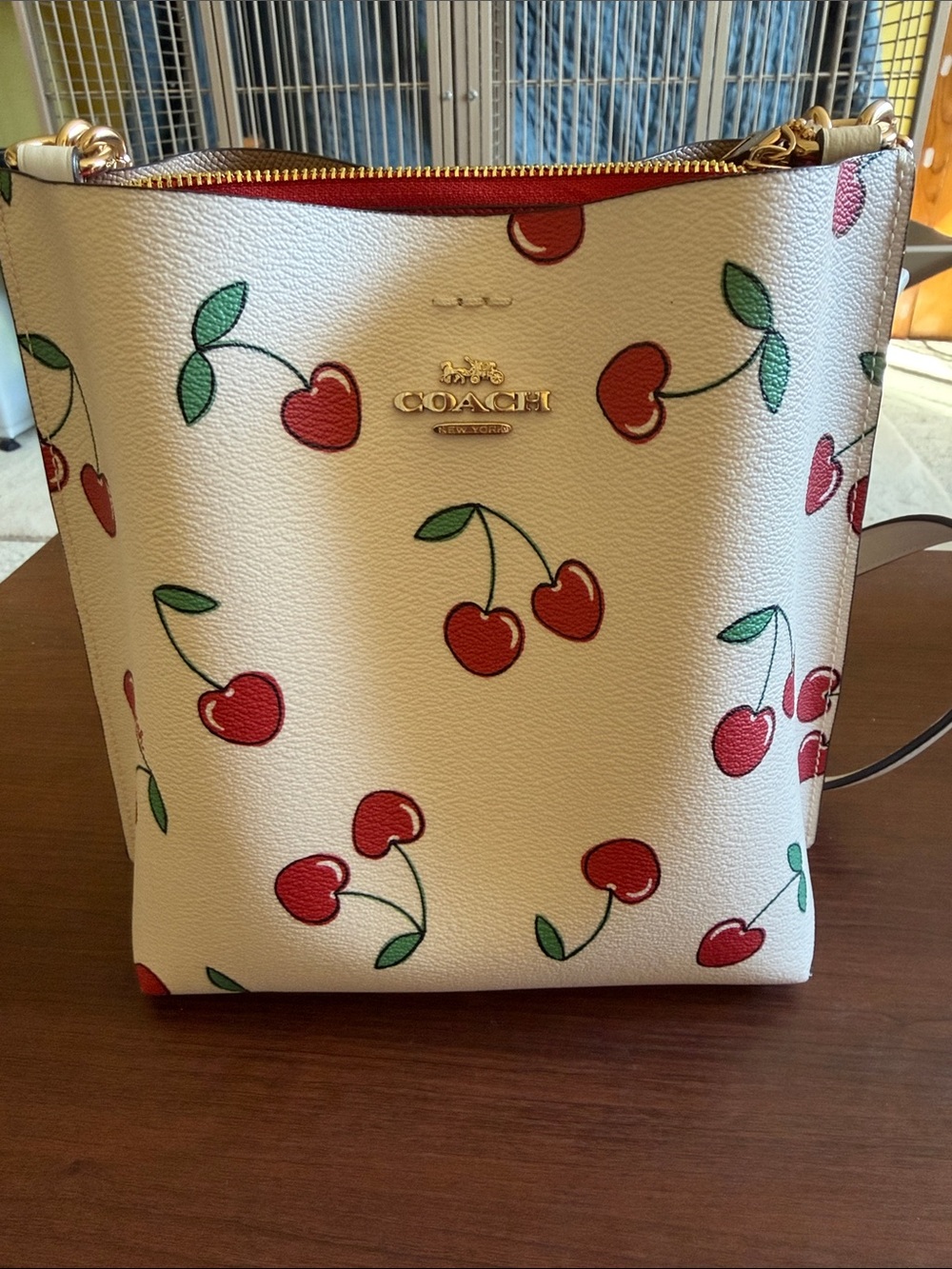Coach Cherry Print Leather Bucket Bag - White/Red
